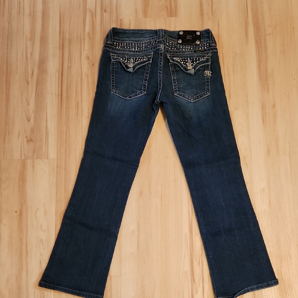 Miss Me Dark Blue Boot Cut Jeans with Rhinestone Accents - Picture 2 of 5